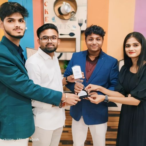 employees receiving trophy
